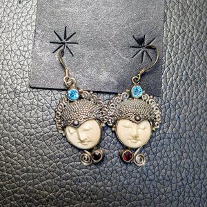 Bone Carved Bali Moonface and Silver Earrings with gems